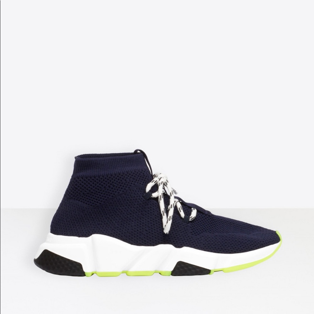 navy and neon green balenciaga slip on sneakers